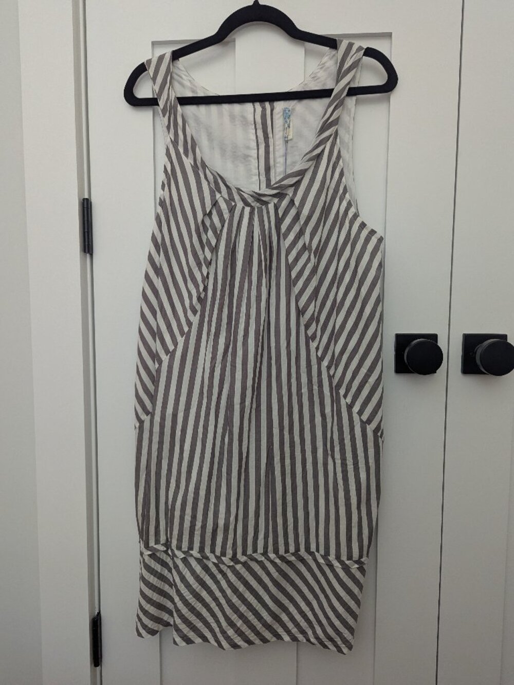 Maeve Anthro Light Gray Striped Sleeveless Dress with Red Button Detail Size 14